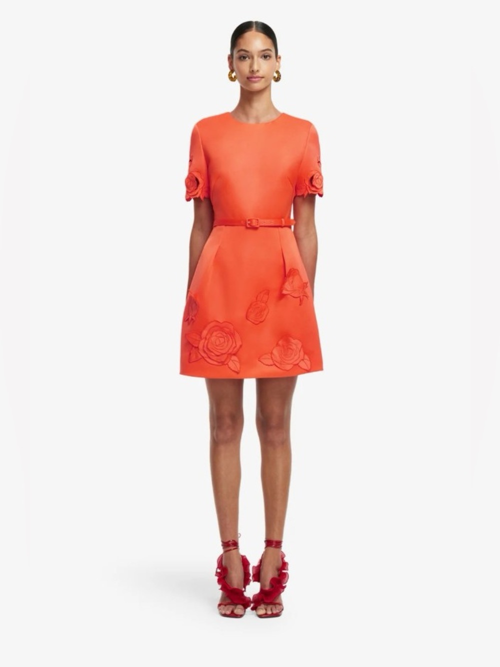Leo Lin Aurelie Orange Floral Appliqué Short Sleeve Belted Mini Dress AU8/US4